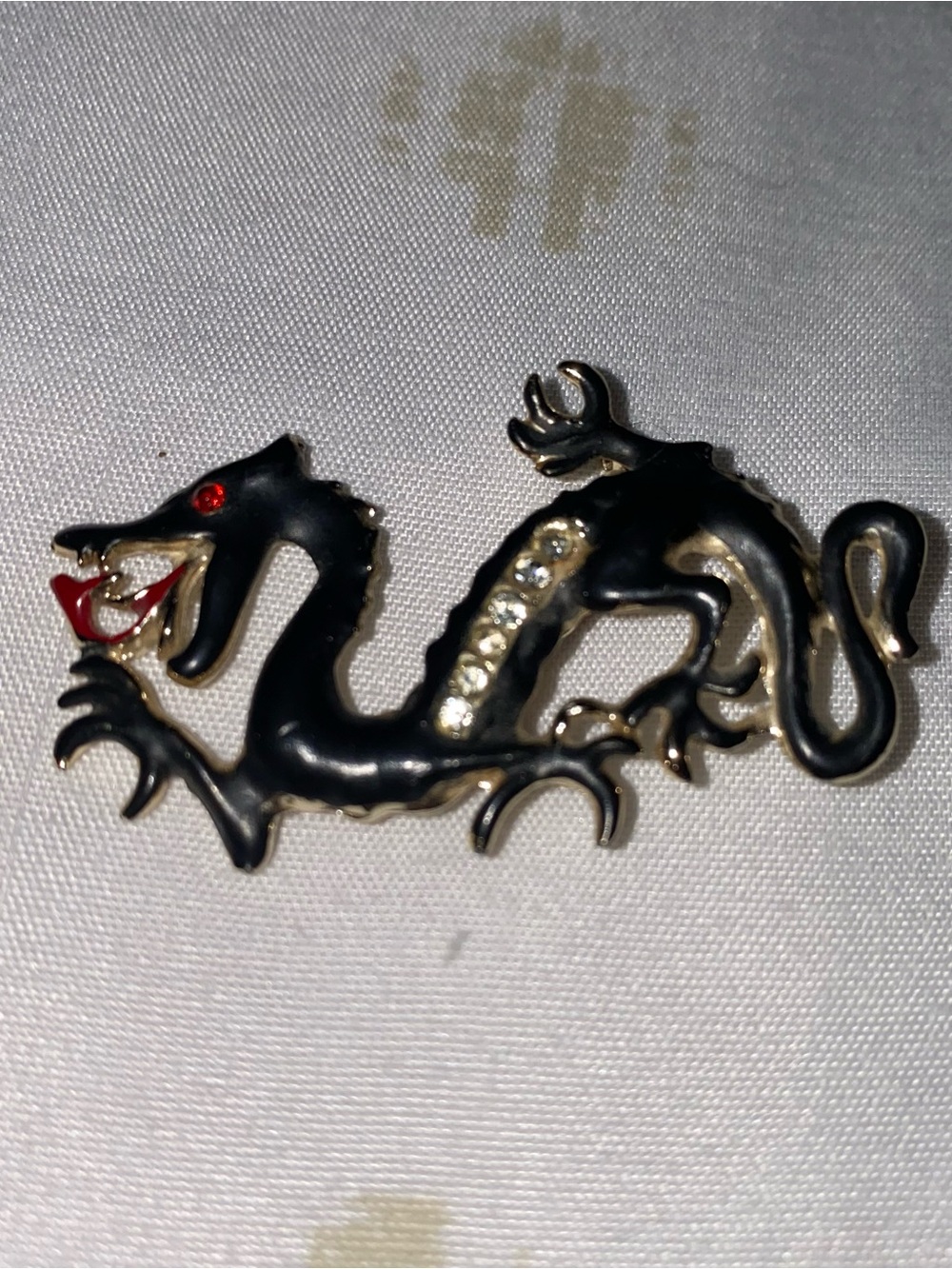 Black Enamel Dragon Brooch with Red Accent and Crystal Spine